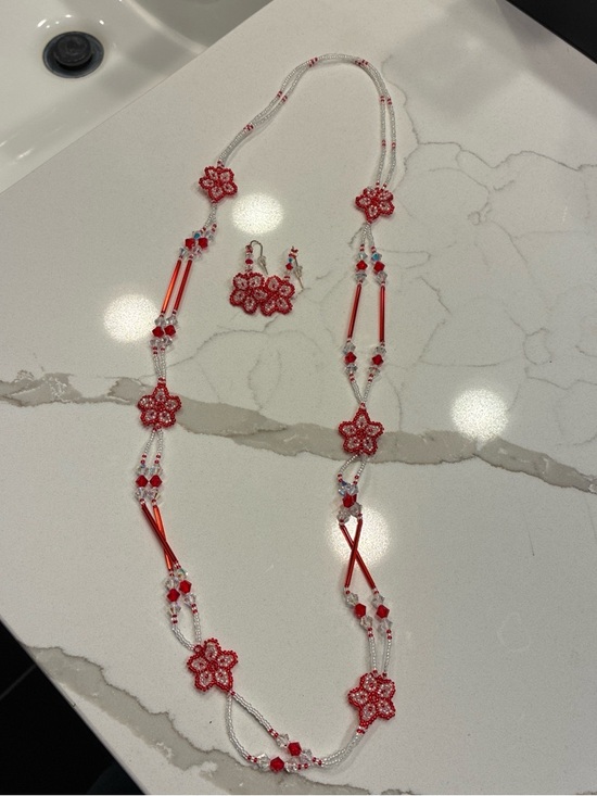 Jewelry - Red Beaded Floral Necklace & Earring Set - Women Jewelry